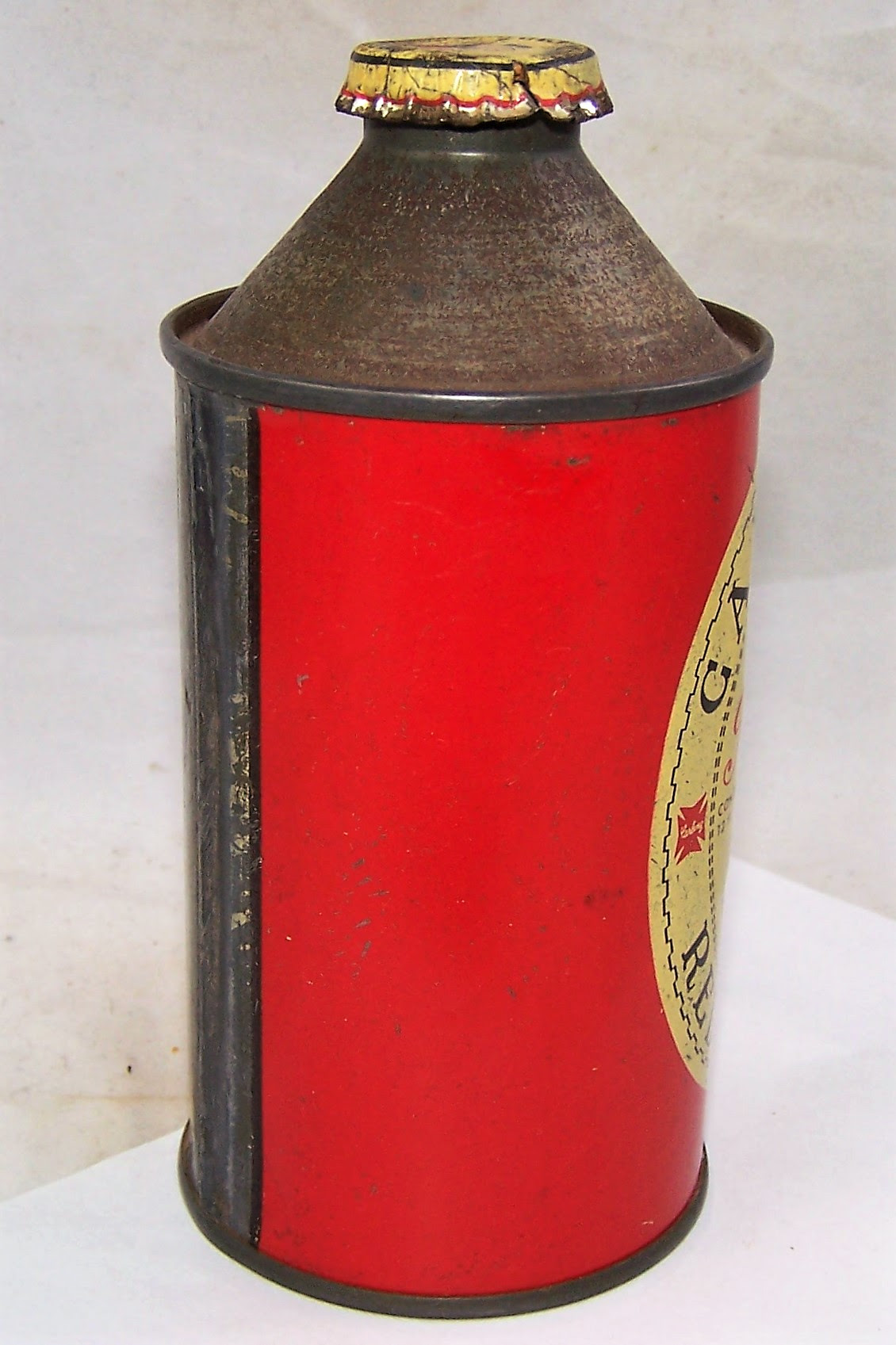 Lot Detail Carling's Red Cap Ale Cone Top Beer Can, Original crown.