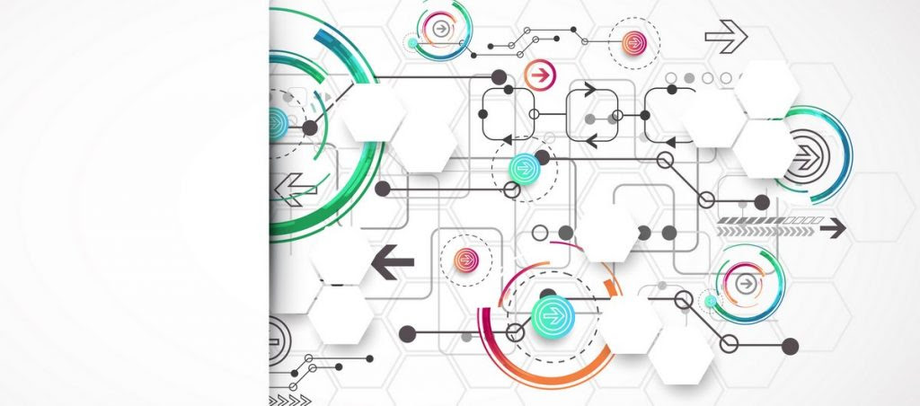Abstract color background with various technological elements.