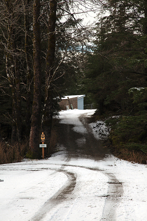 tire tracks in snow on Jones Street, Kasaan, Alaska