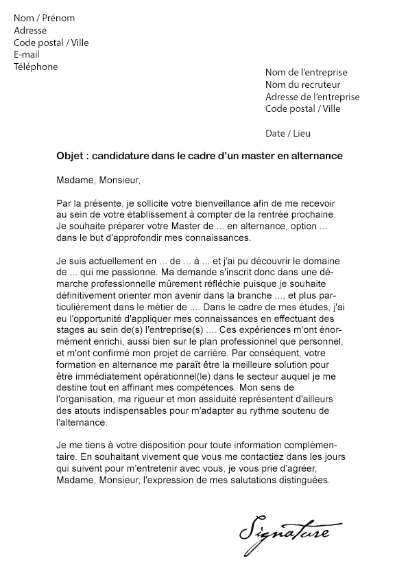 Lettre de motivation Master (Alternance) - Modèle de Lettre