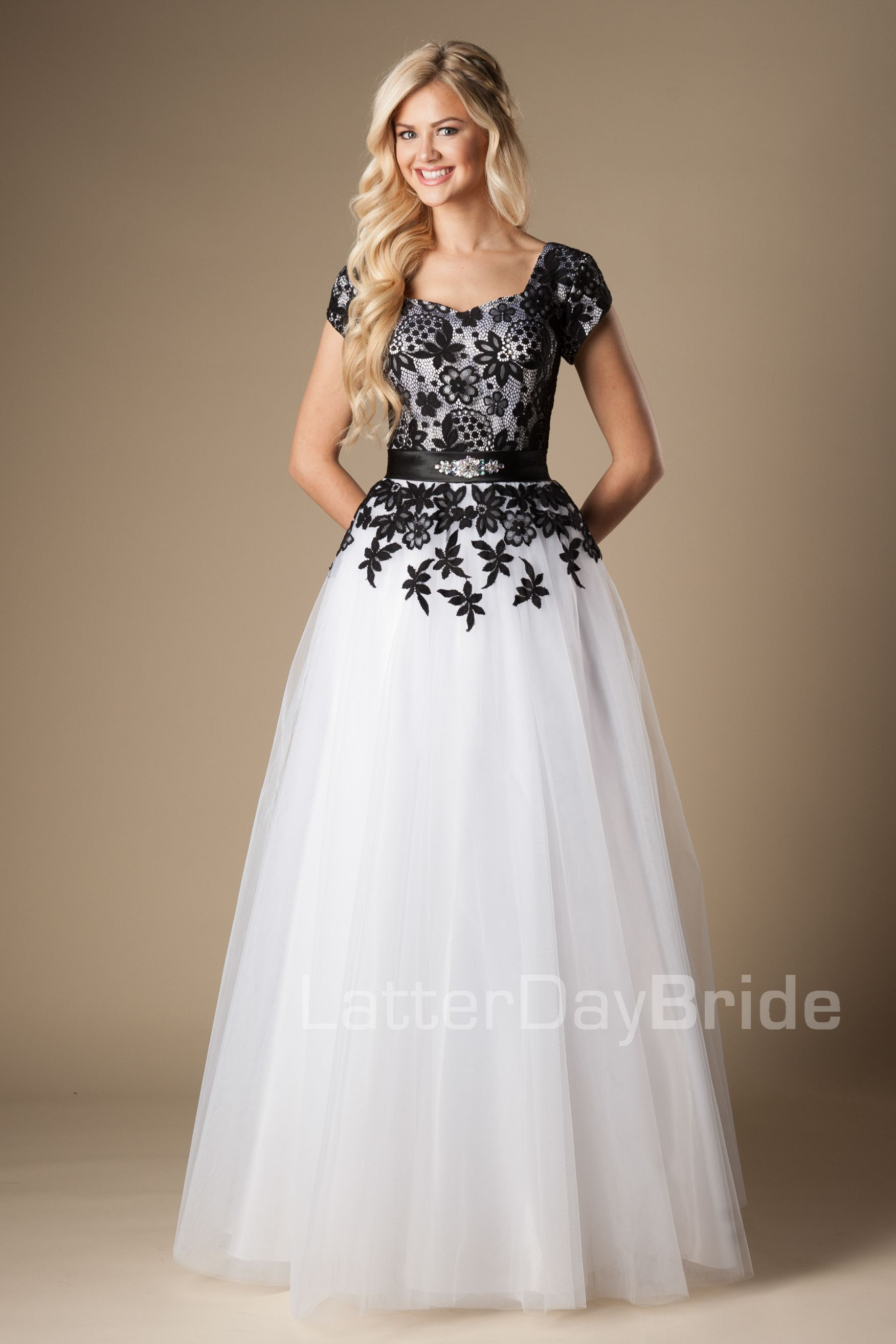 Simple Black And White Long Modest Prom Dresses With Cap Simple Black And White Long Modest Prom Dresses With Cap