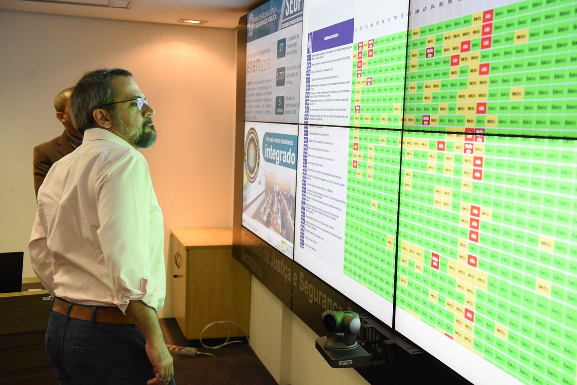 O ministro da Educação, Abraham Weintraub, visita centro de controle e segurança do Enem