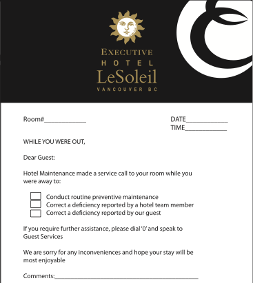 LeSoleil Maintenance Cards  Executive Hotels amp; Resorts