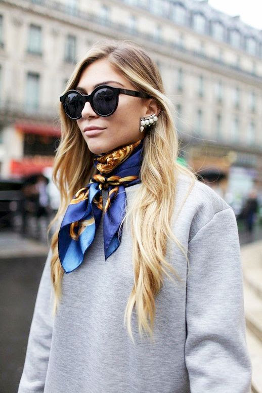 Le Fashion Blog Street Style Black Oversize Round Sunglasses Pearl Ear Cuff Grey Sweatshirt Silk Print Neck Scarf Via WWD