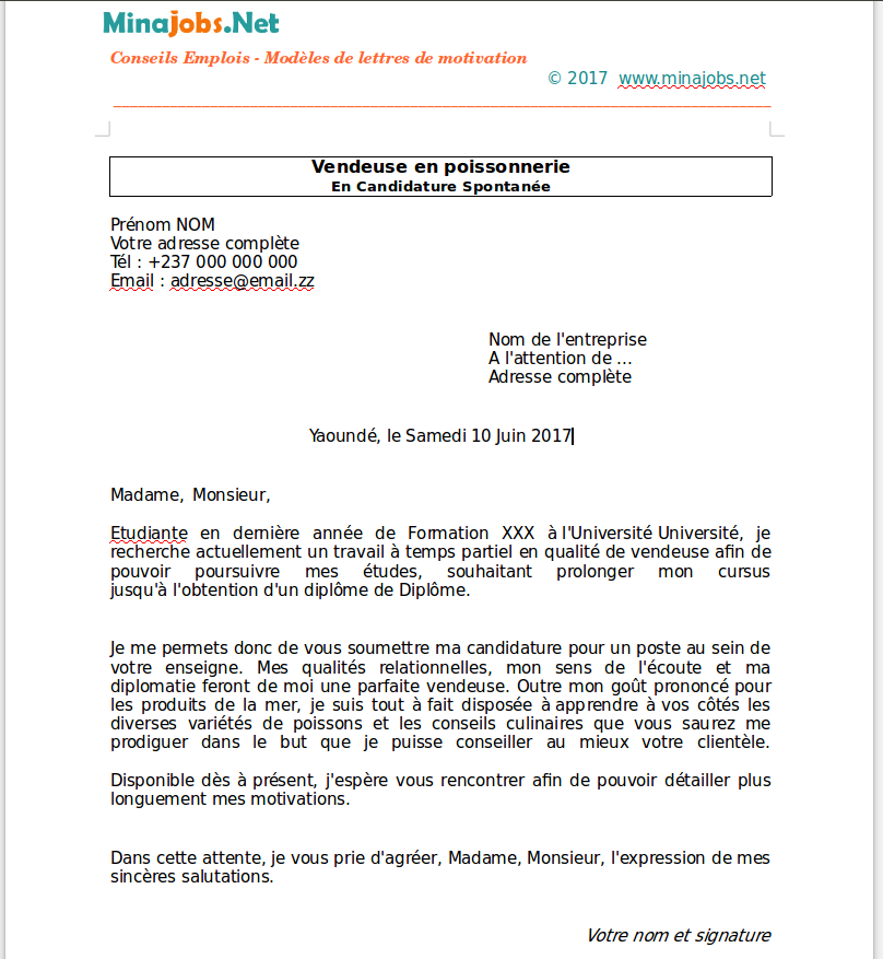 Lettre de motivation vente candidature spontanée laboitecv.fr