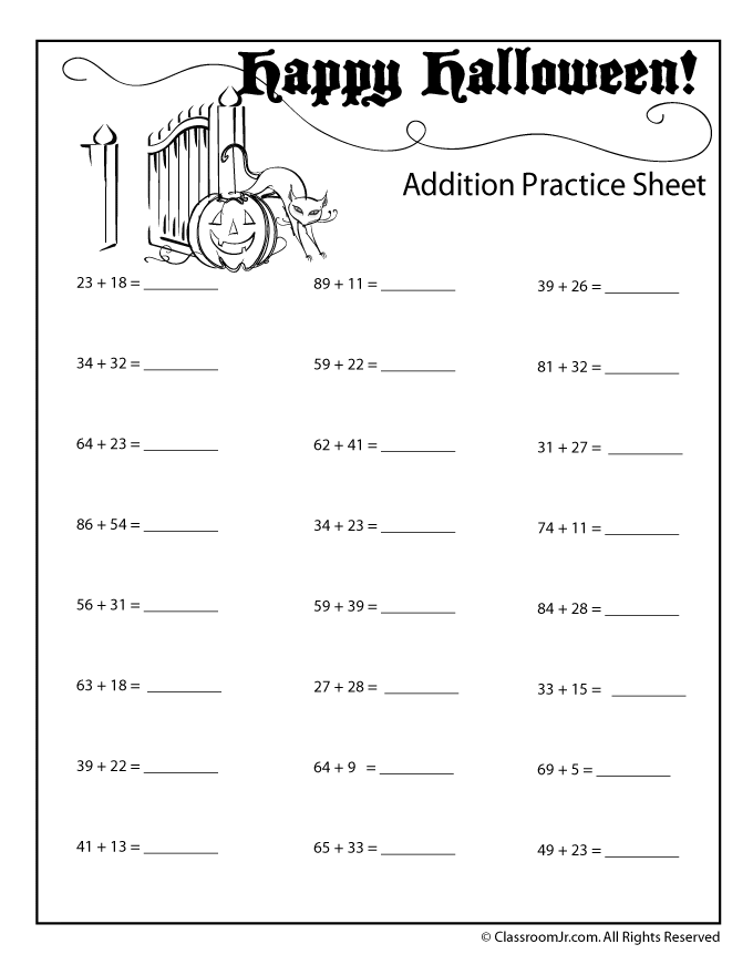 Double Digit Halloween Addition Worksheet - Numbers up to ...