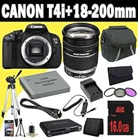 Canon EOS Rebel T4i 18 MP CMOS Digital SLR Camera w/EF-S 18-200mm f/3.5-5.6 IS Standard Zoom Lens + LP-E8 Replacement Lithium Ion Battery w/External Rapid Charger + 16GB SDHC Class 10 Memory Card + 72mm 3 Piece Filter Kit + Mini HDMI Cable + Carrying Case + Full Size Tripod + Multi Card USB Reader + Memory Card Wallet + Deluxe Starter Kit DavisMAX Bundle