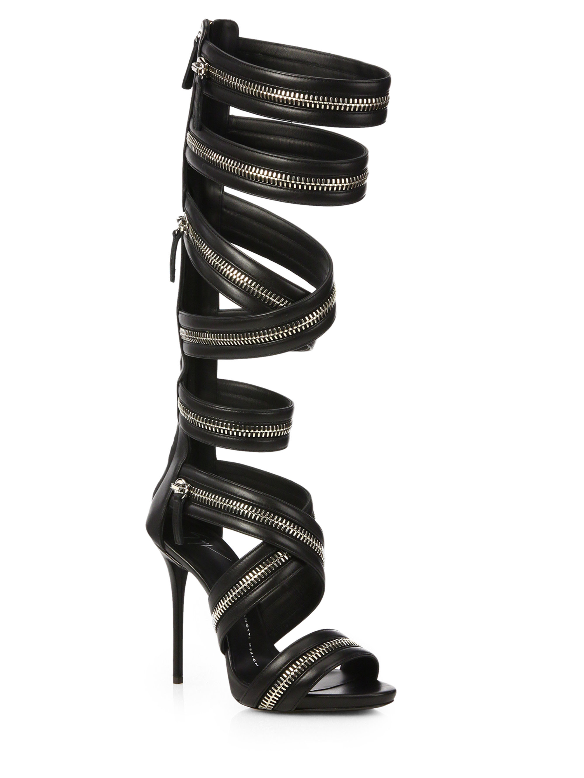 ... Leather Knee-High Zipper Gladiator Sandals in Black (NERO-BLACK