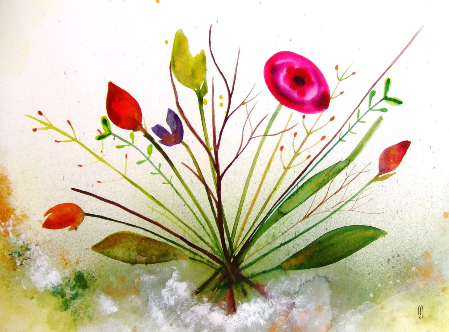 Flowers Original Watercolor Painting Ink Drawing Contemporary Modern Art Botanical Decor Garden Leave Bouquet Green Pink Wall Art Flowers - CelineArtGalerie