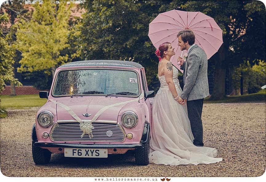 Cute pink Mini Bride & Groom wedding photo with umbrella, Barrandov Opera 2015 - www.helloromance.co.uk