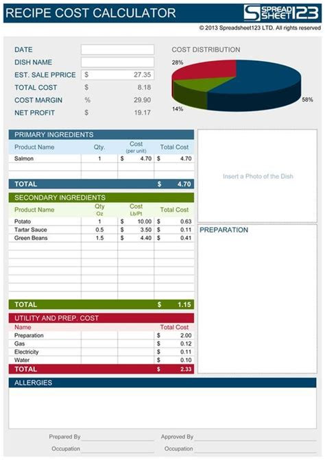recipe cost calculator  excel