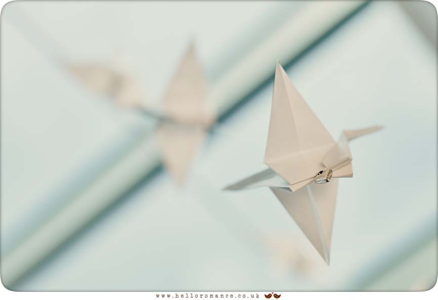 Home made origami Cranes at wedding in Suffolk - www.helloromance.co.uk