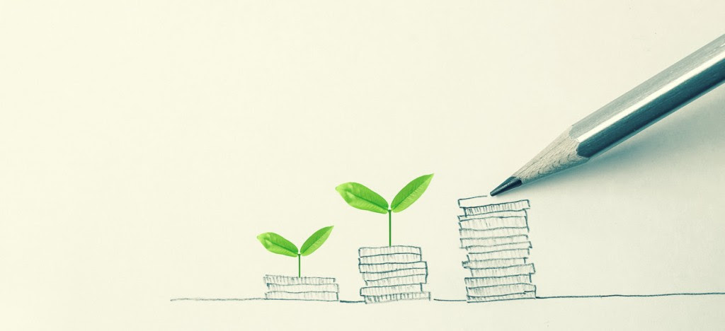 A drawing that shows sprouts growing from piles of coins as they're sketched in.