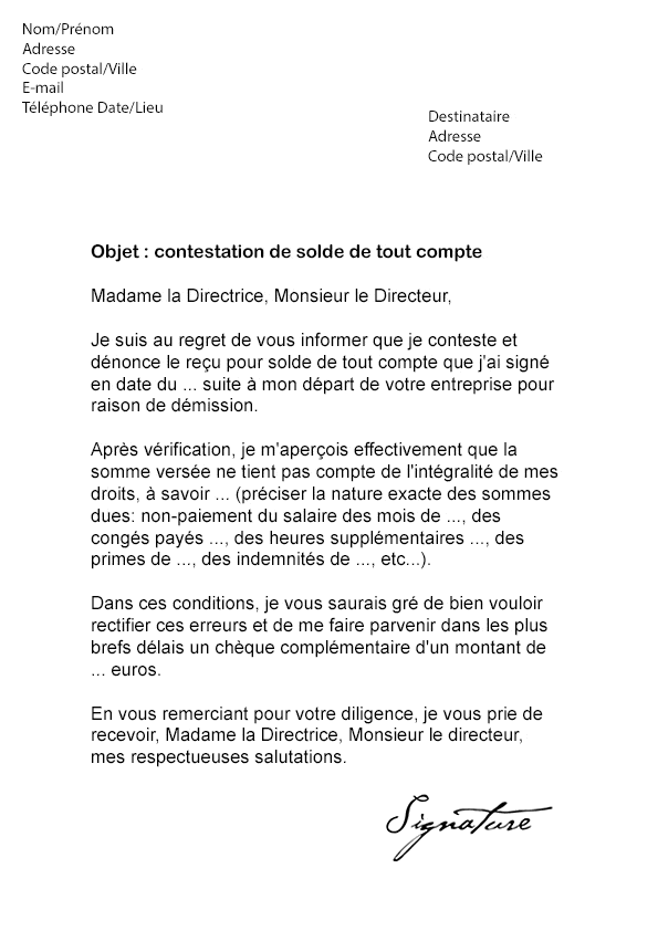 Lettre de démission (CDI) - Contestation solde de tout 