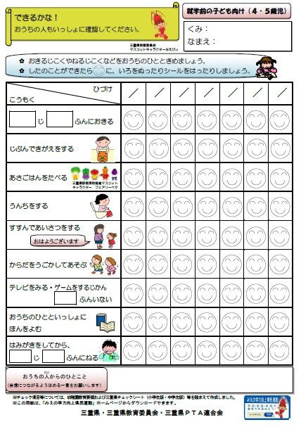 三重県 幼児教育 就学前の子ども向け生活習慣チェックシート
