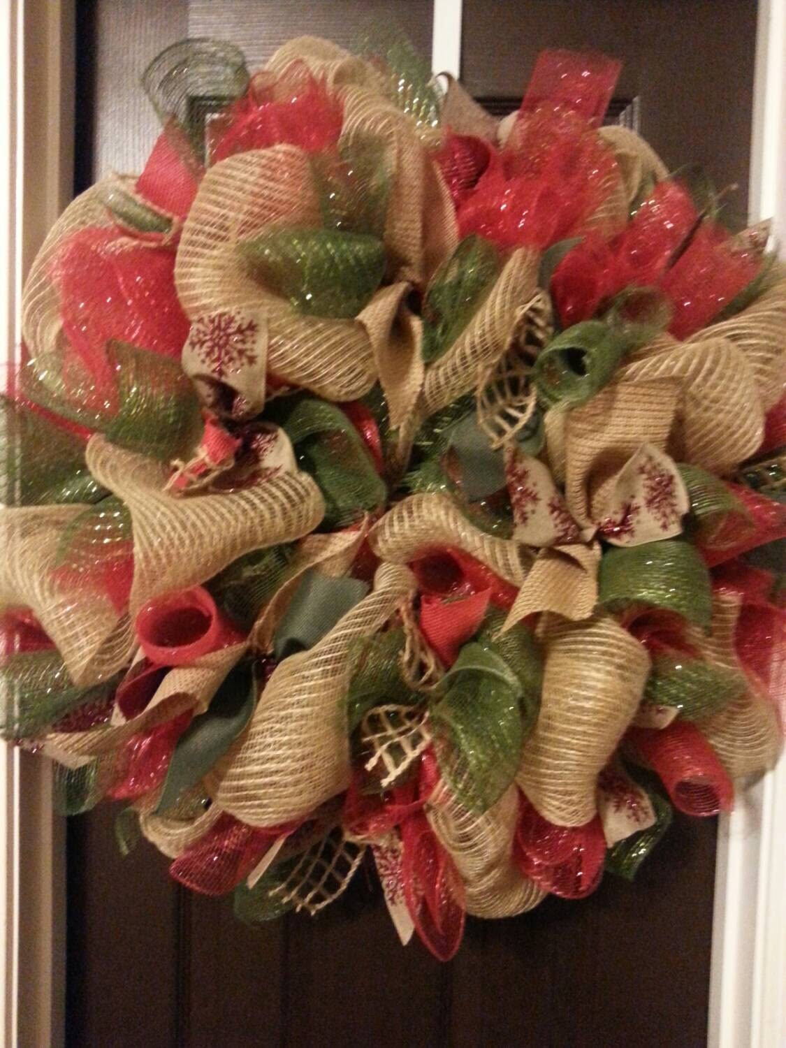 Burlap red and sage green Christmas mesh wreath