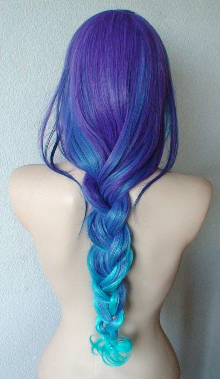 Teal Purple Blue Ombre wig. Long curly hair long side 