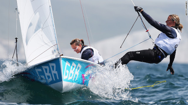 Britain's Hannah Mills, left, and Saskia Clark compete in the women's sailing 470 opening series.