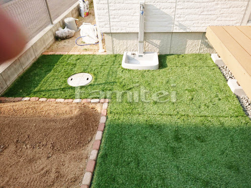 施工例お庭 人工芝 防草シート加工 見切りレンガ ユニソン ソイルレンガ