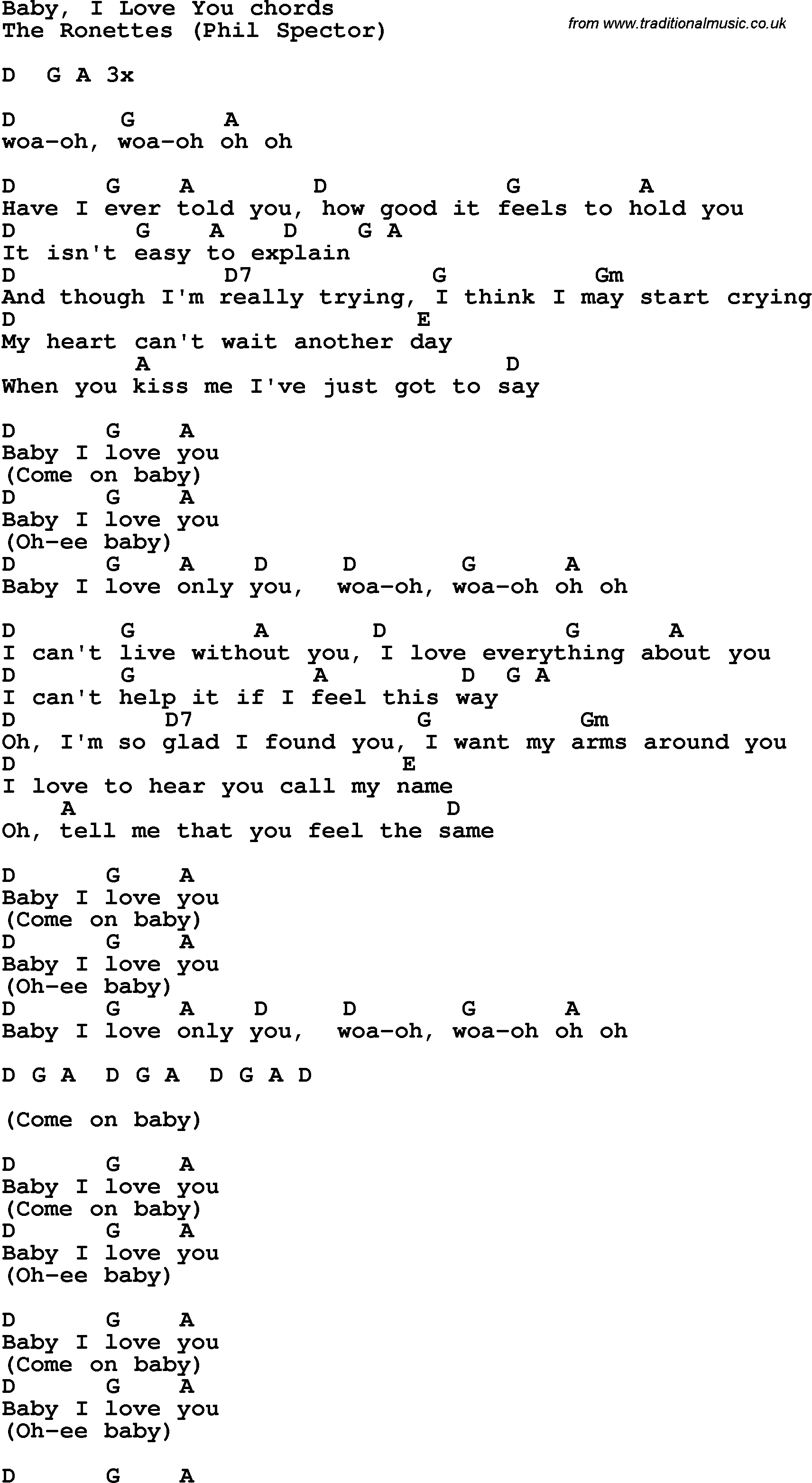 Song Lyrics With Guitar Chords For Baby I Love You