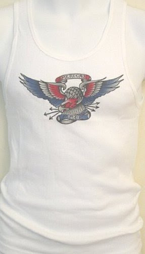 Mens White Beater Style Muscle Shirt with American Eagle Tattoo Design. Super soft fine rib 100 percent cotton wife beater style shirt.