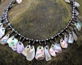 Abalone Necklace hand made with Santa Barbara Channel Islands abalone, hand polished and drilled, and copper wire, and pearls.