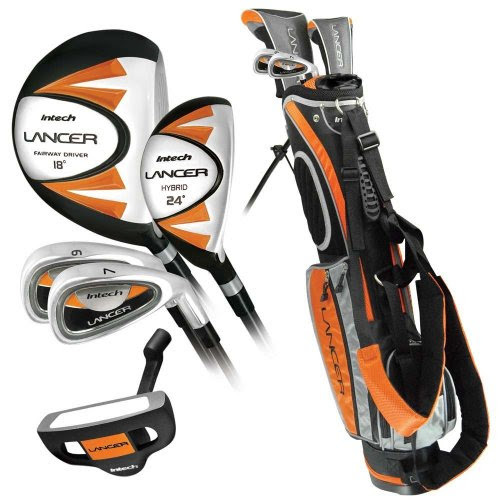 Intech Lancer Junior Golf Set, (Right-Handed, Age 8 to 12, 17.5 degree Driver, 4/5 Hybrid Iron, Wide Sole 7 and 9 irons, Junior Putter, Deluxe Stand Bag)