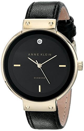 Anne Klein Women's AK/1850BKDB Diamond-Accented Gold-Tone and Black Strap Watch
