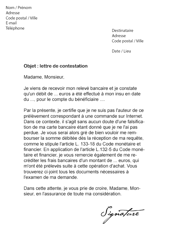Lettre de contestation Banque (Opération bancaire frauduleuse) Lettre de contestation Banque (Opération bancaire frauduleuse)