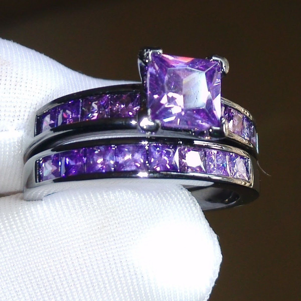 Black and purple wedding ring set