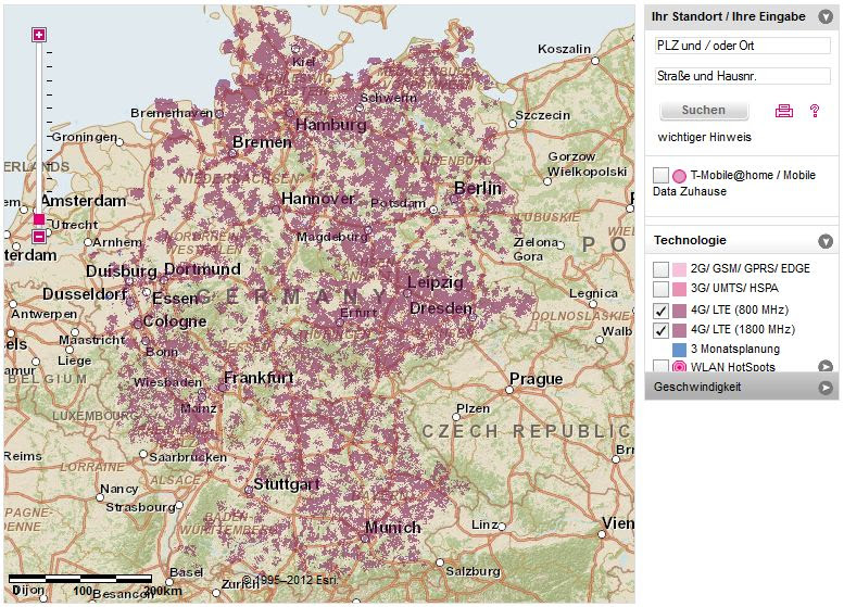 LTE-Sendemasten in drei Frequenzbereichen - LTE-Karte