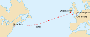 English: Map marks the route of RMS Titanic du...