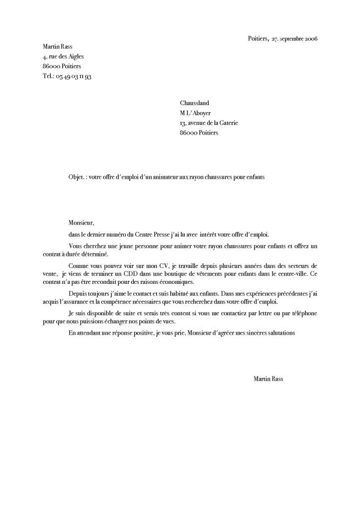 Lettre de motivation dactylographiée mise en page 