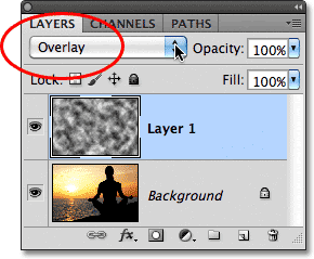 Changing the layer blend mode to Overlay. Image © 2011 Photoshop Essentials.com.
