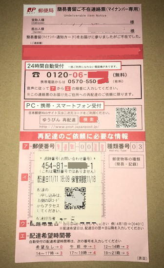 プッシュホンで再配達依頼 自宅ポストに入らない定形外郵便