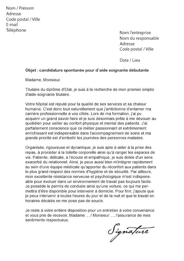 modele lettre de motivation hopital aide soignante