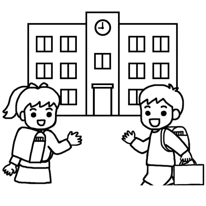 小学校 白黒 建物2 乗り物 建物 無料イラスト素材