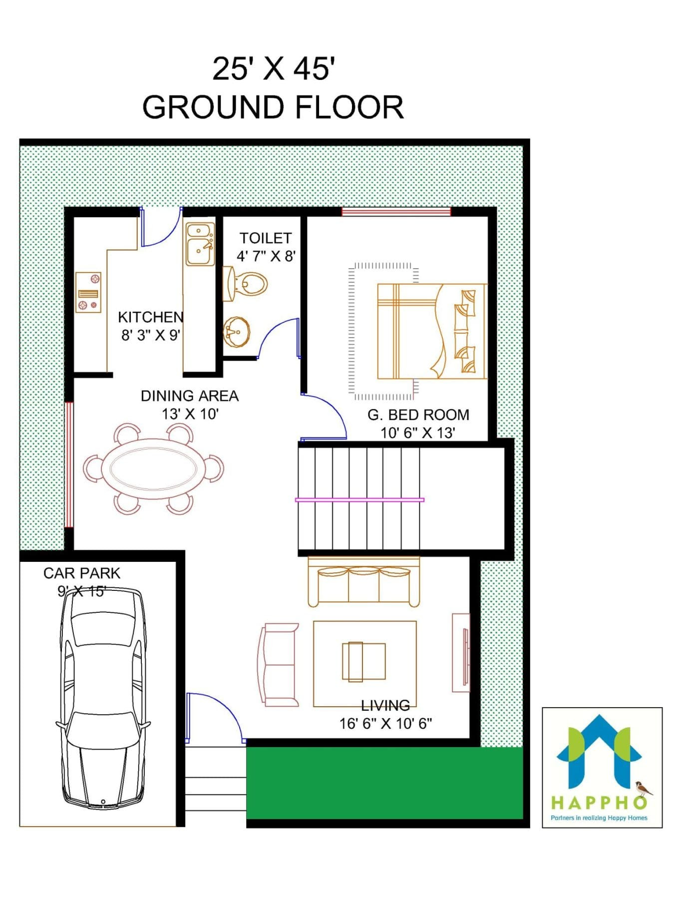 Floor Plan for 25 X 45 Feet Plot | 1-BHK (1125 Square Feet ...