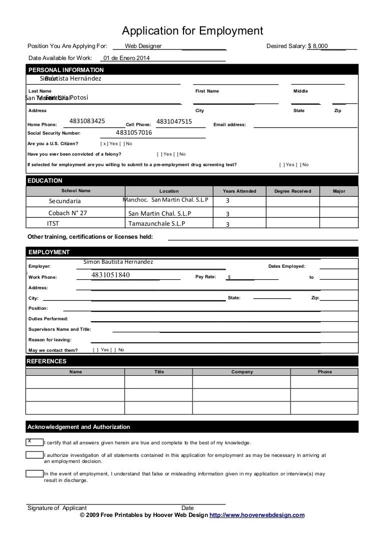 Sample Employment Application Form Template