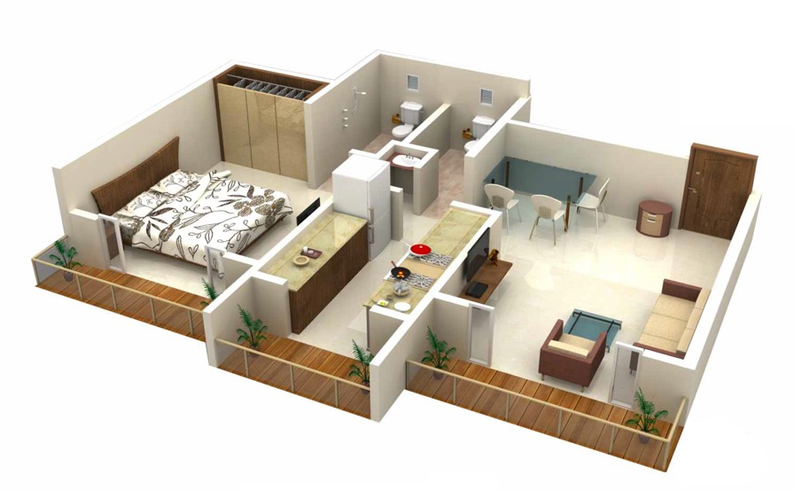 pic 1 Bedroom House Floor Plan Design 3D interior design ideas