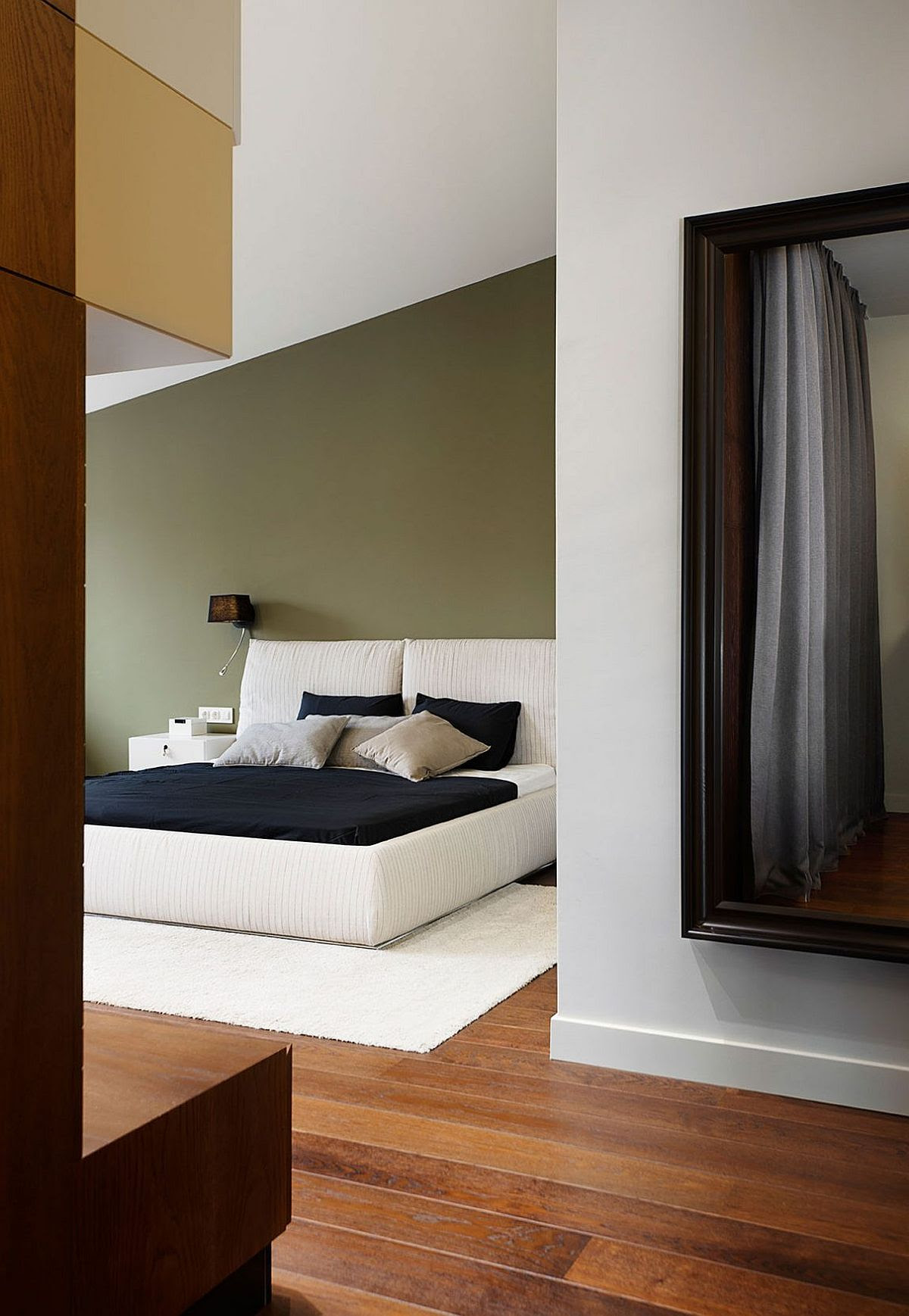 Modern bedroom in greenish-gray and white with minimal style