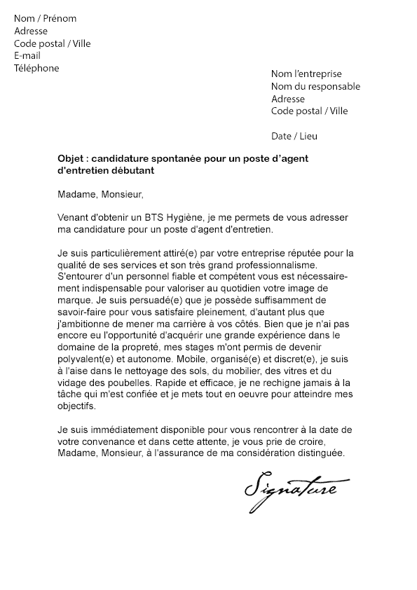 Lettre de motivation Agent d'Entretien (Débutant) - Modèle 
