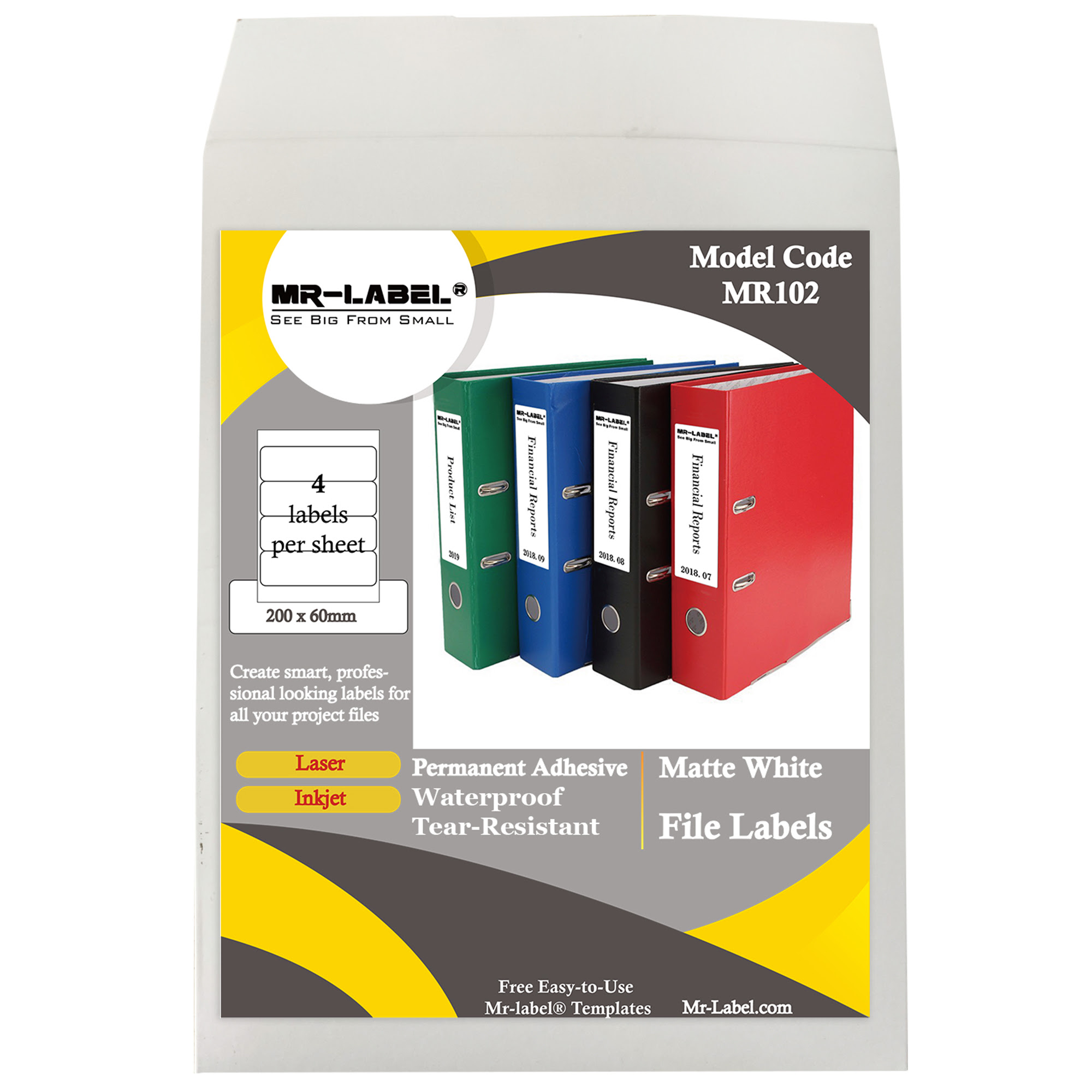 Mr-Label 200 x 60 mm Matte White Lever Arch File Labels ...