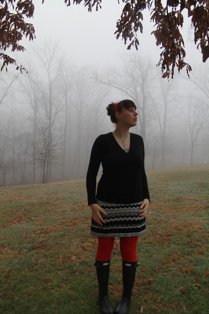 Fog outfit: Missoni for Target black and white chevron dress, red tights, Hunter wellies