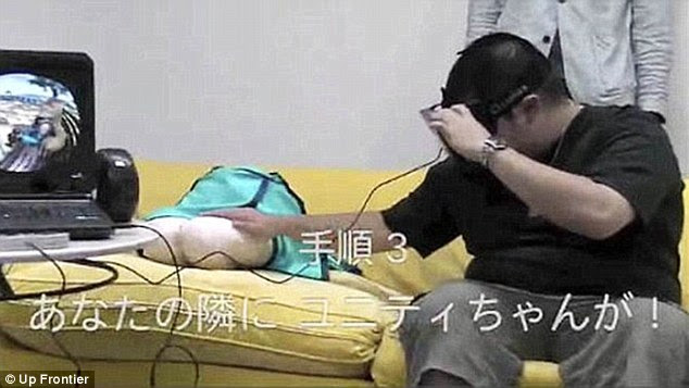 Earlier this year, Japanese firm Up Frontier unveiled a bizarre pillow shaped like a pair of girls legs.When used with an Oculus Rift virtual reality headset, it lets men sit next to a virtual girlfriend, 'touch' them and rest their head on her lap.This 'lap pillow' mimics the shape of the character's legs