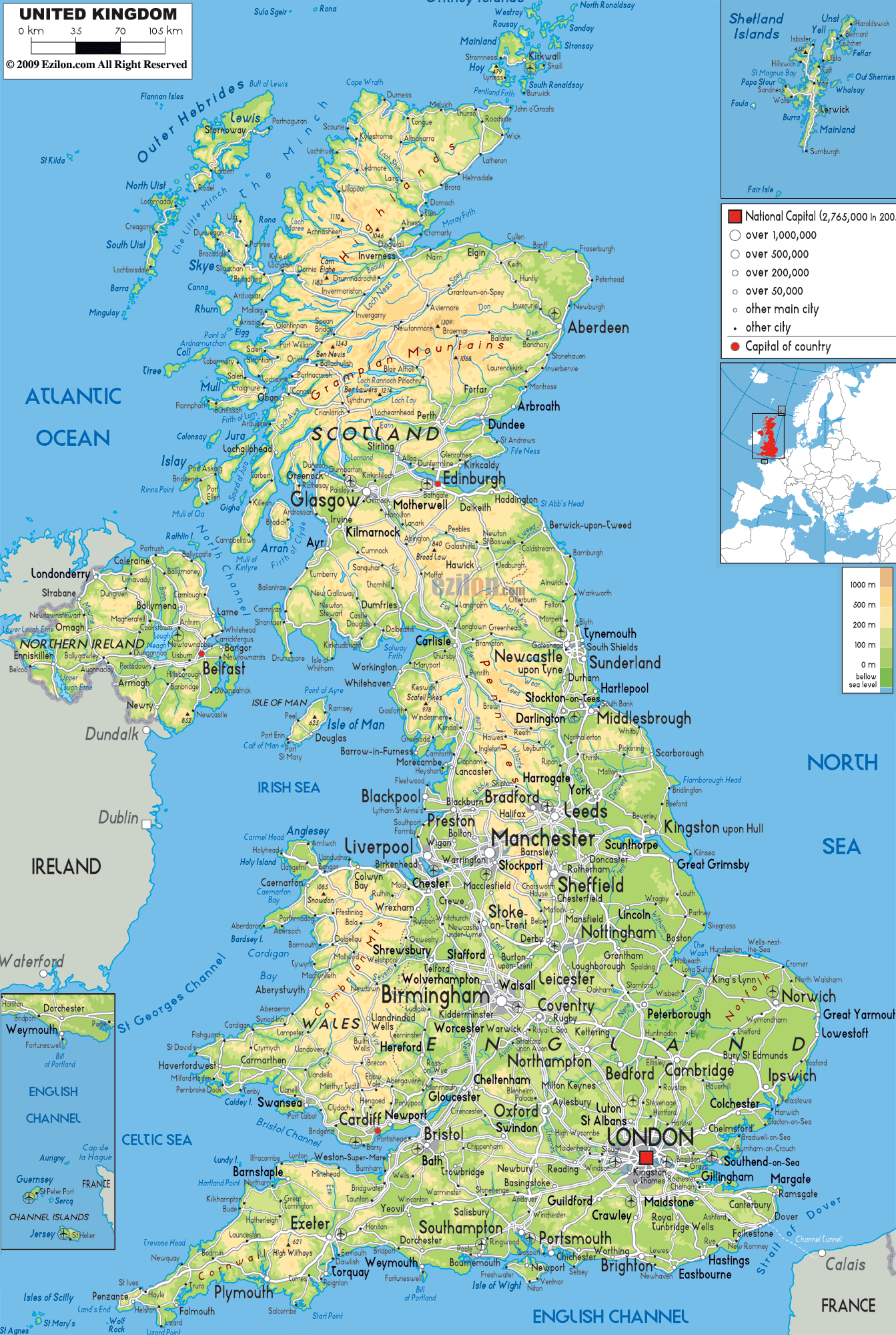 Physical Map of United Kingdom