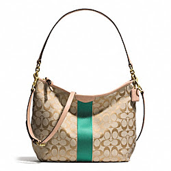 SIGNATURE STRIPE CONVERTIBLE HOBO - COACH f29941 - BRASS/KHAKI/EMERALD