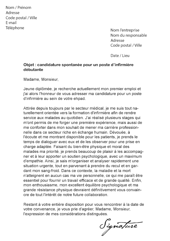 Lettre de motivation Infirmière (débutante) - Modèle de Lettre