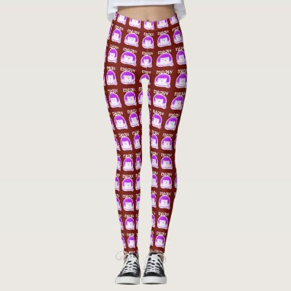 white cat sitting cartoon with text meow leggings