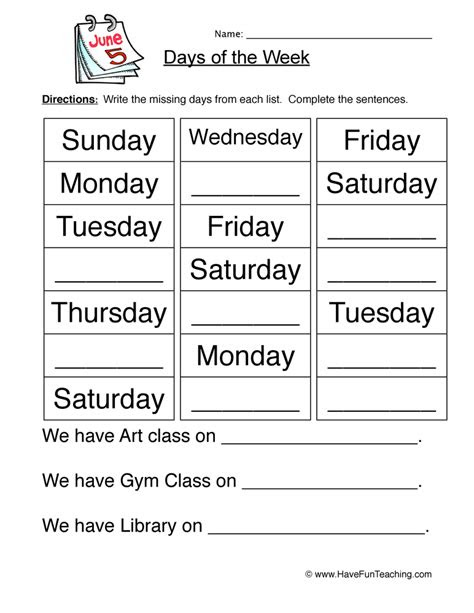  days of the week worksheet fill in the blank by teach simple